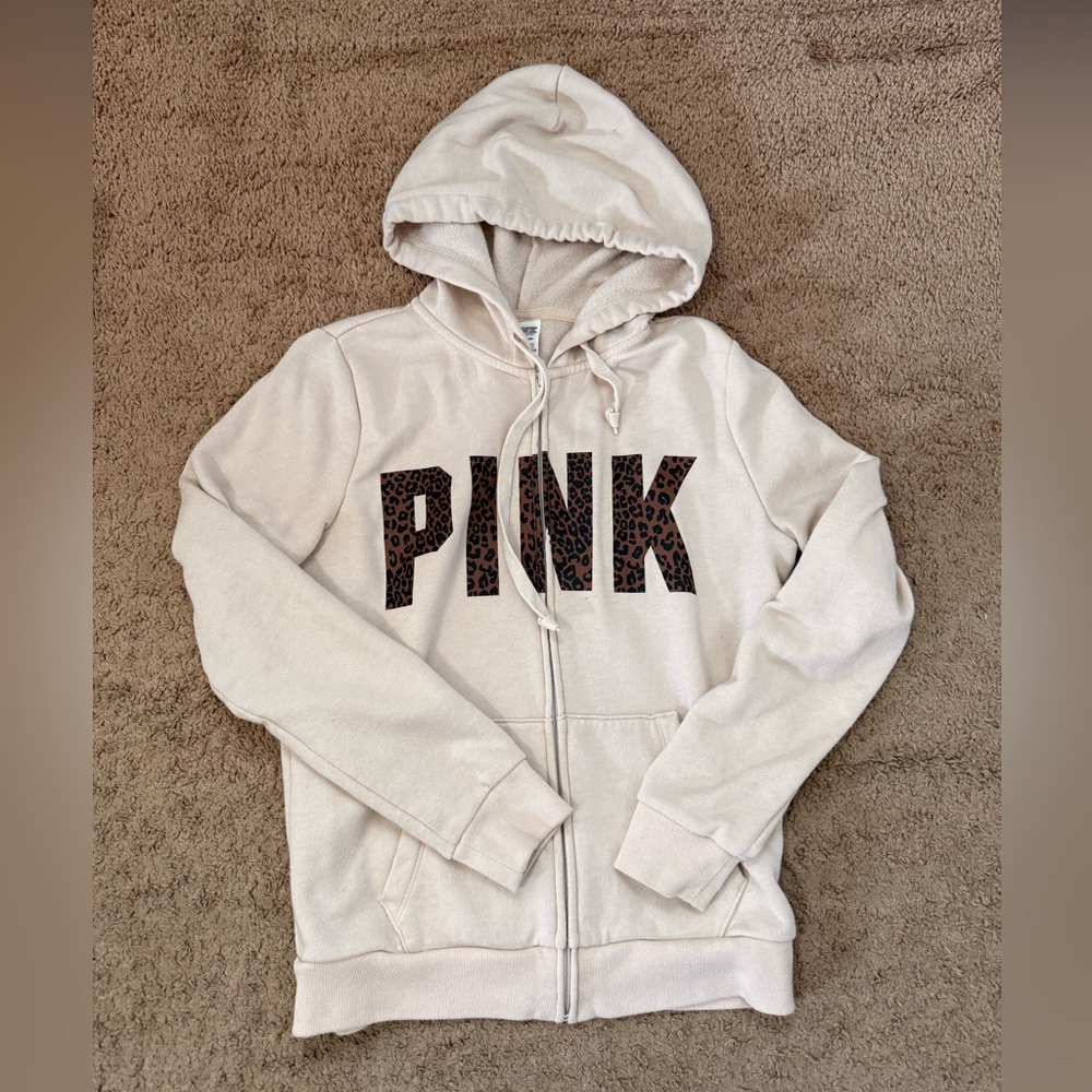 PINK Victoria's Secret Cream Hoodie with Leopard Print Logo